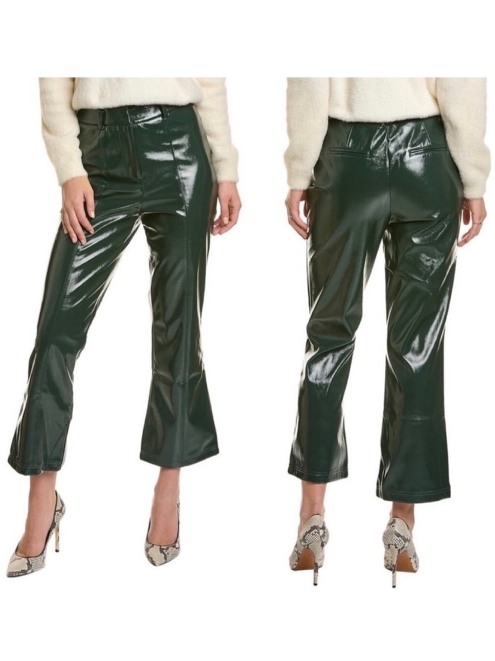 7 For All Mankind Faux Patent Leather Green Crop Flare Pants